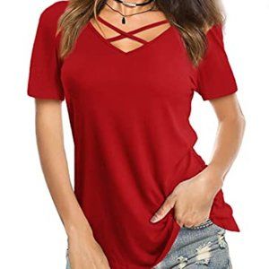 Women's Red Top with Short Sleeve Criss Cross V Neck